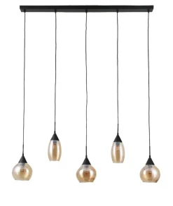 Hot Pronto Wonen Hanglamp zwart amber glas 5-lichts - Lungo