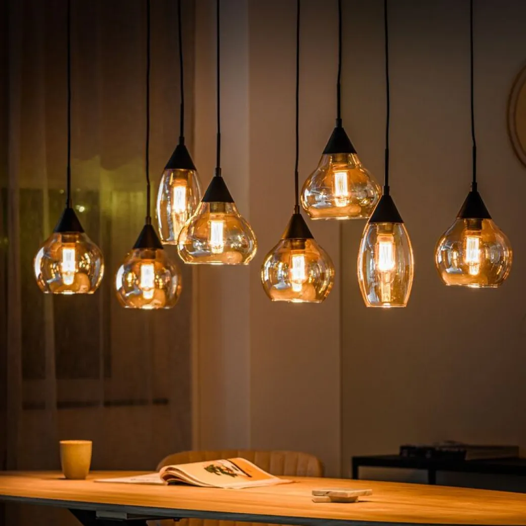 Pronto Wonen Hanglamp zwart amber glas 8-lichts - Lungo